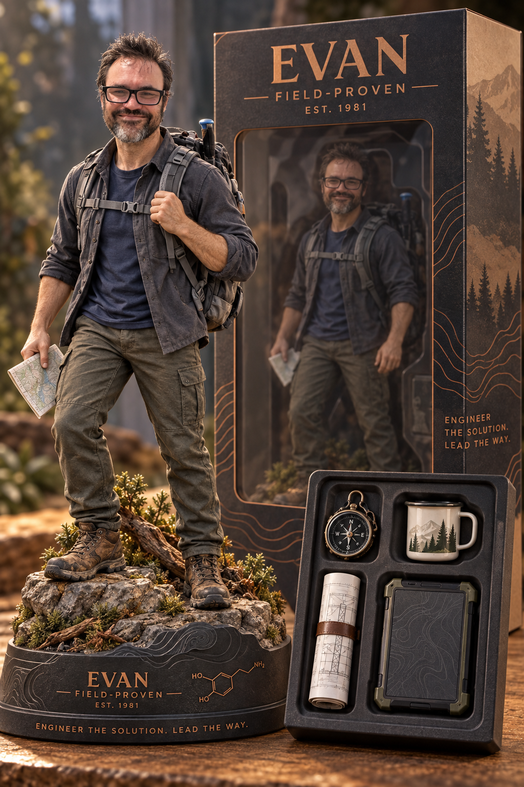 Evan Field-Proven collectible figure with camping and engineering accessories